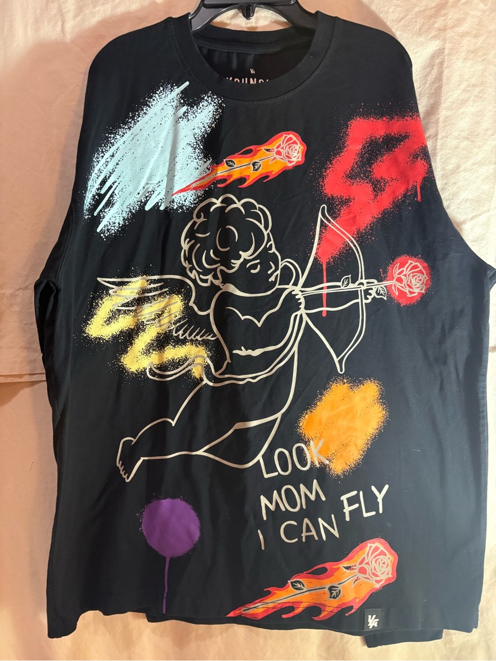 YoungLA Black Long Sleeve Top with Multicolor Cherub Graphic